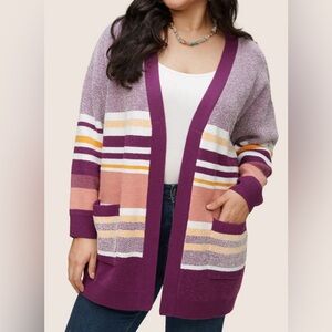 Purple and Peach Striped Contrast Open Front Cardigan